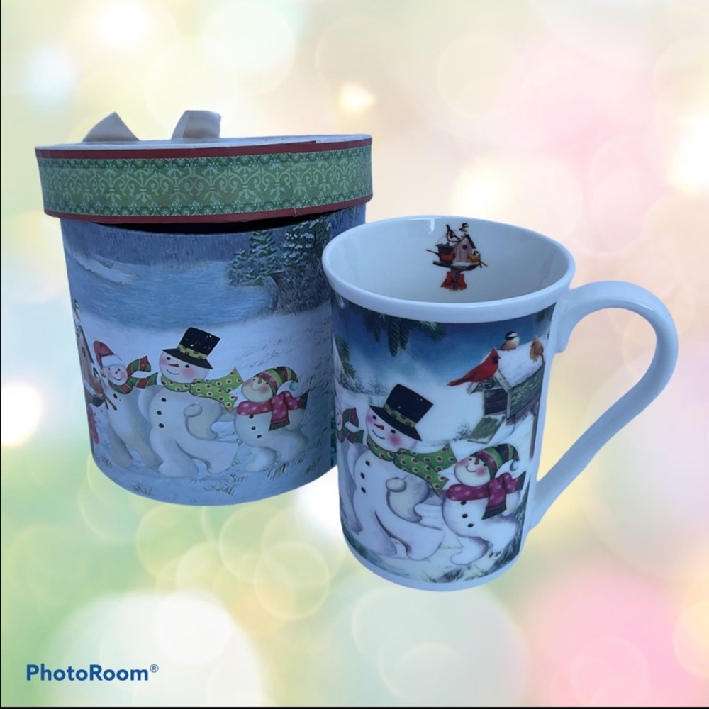 Ceramic Mug Snowmen Family Coordinating Box Fully Wrapped Winter Scene Artwork